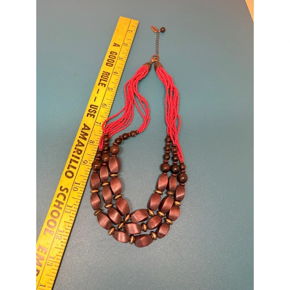 Coldwater Creek Red Seed Bead Chunky Brown Wood Multistrand Statement Necklace